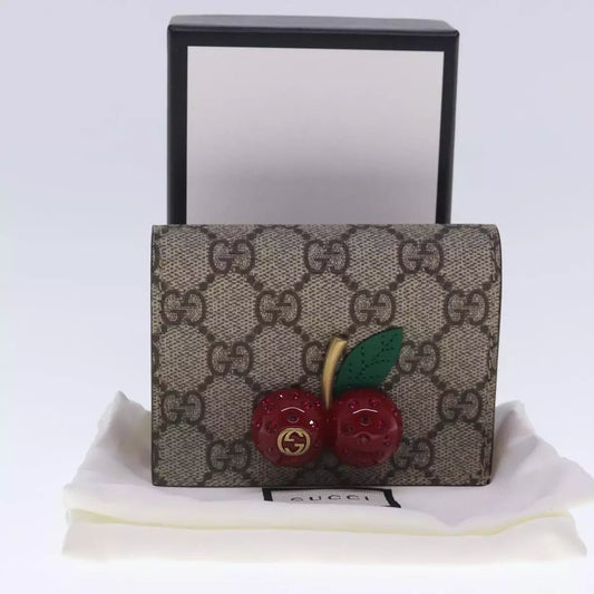 GUCCI GG Supreme Cherry Wallet PVC Leather Beige Red