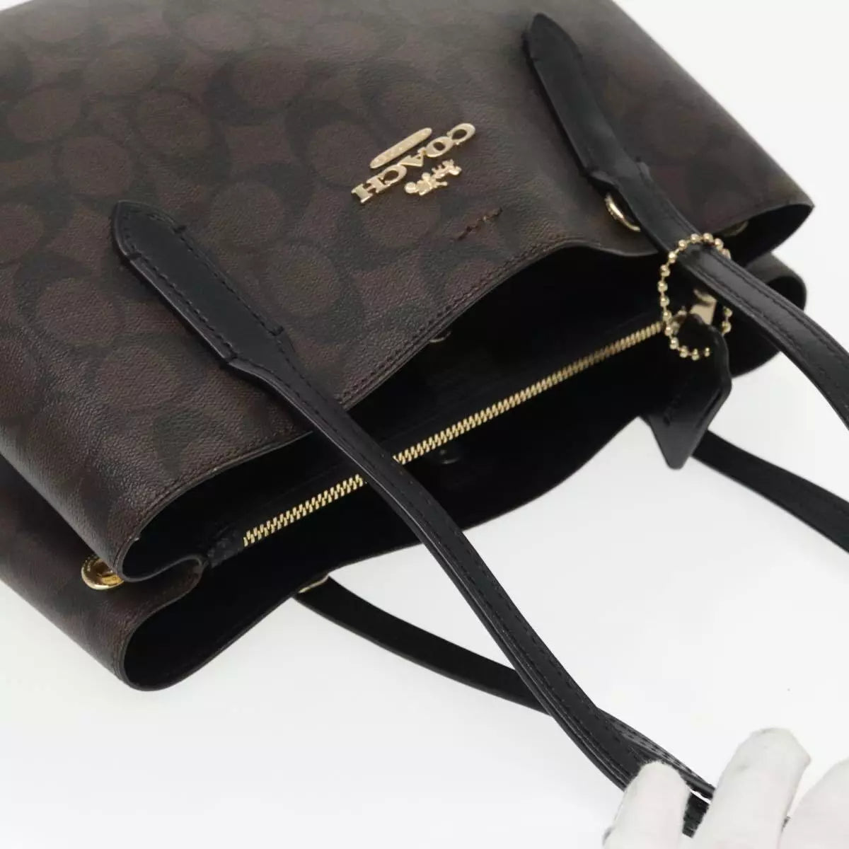 Coach Signature Hand Bag PVC Leather Brown Gold